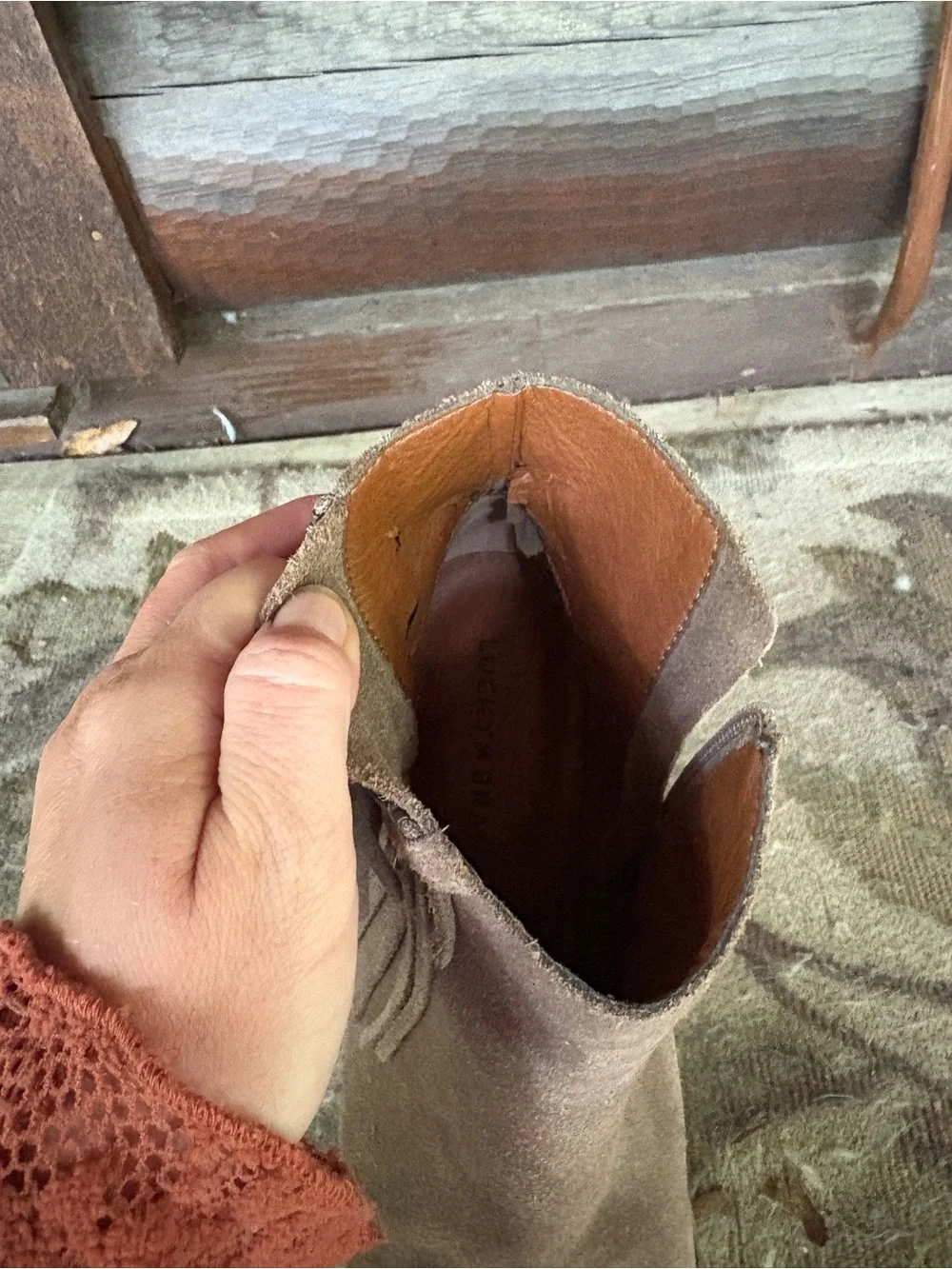Lucky Brand 7.5 women’s boho western Taupe Suede Fringe Ankle Boots zip up shoes
